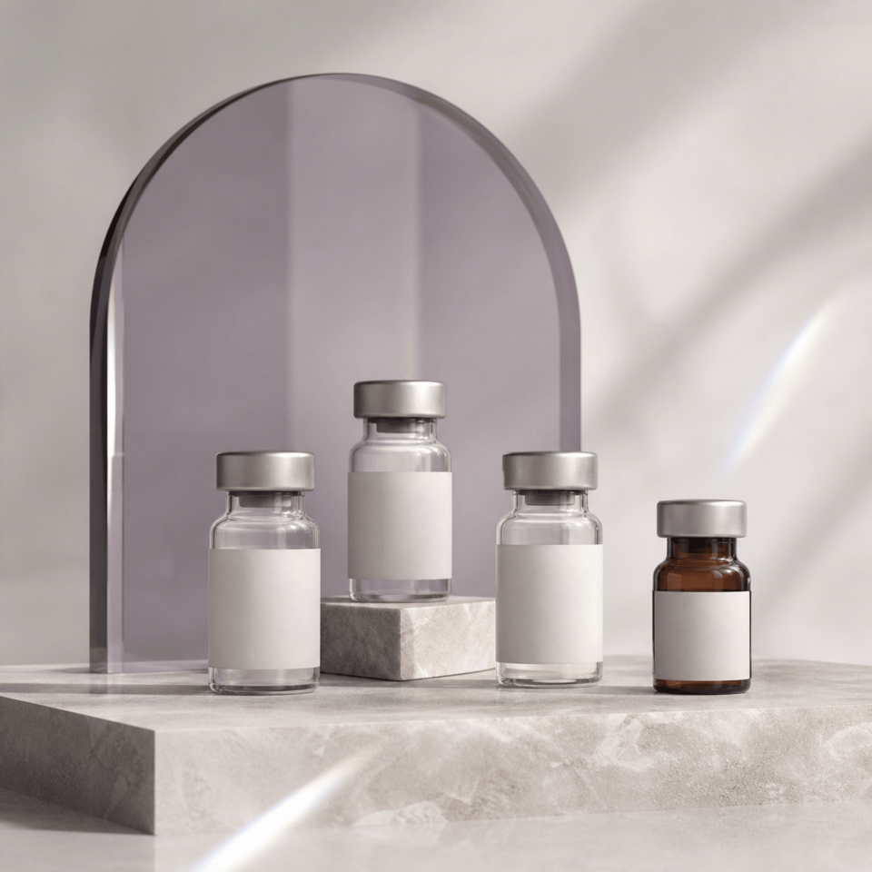Flacoane de laborator Peptide24 într-un decor editorial